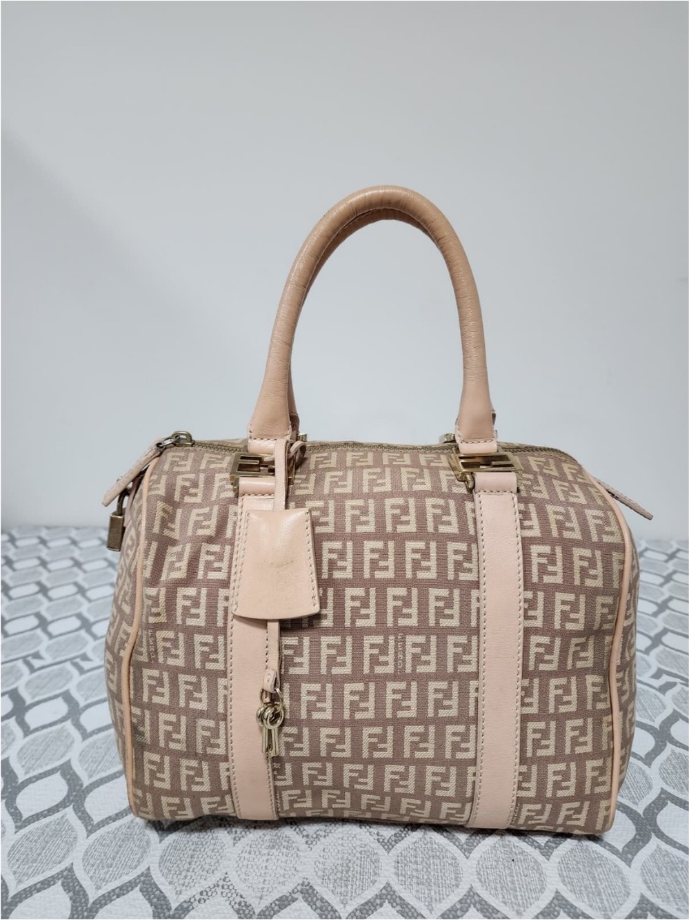Fendi Zucchino FF Top Handle Bag Beige/Pink